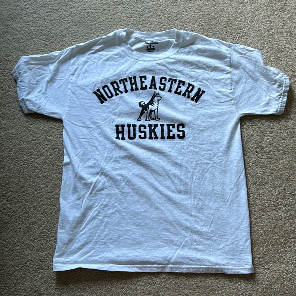 White and black Northeastern University shirt